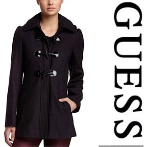 NWT GUESS Black Wool Toggle Pea Coat Classic Winter Detachable Hood Cozy Warm